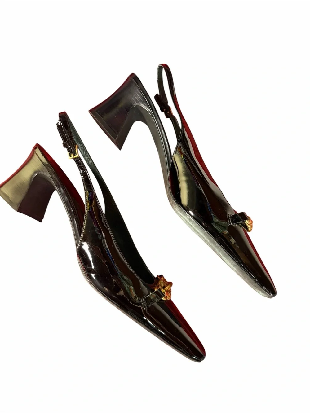 Tory Burch Jessa Slingback Pumps Black Patent Leather Gold Horsebit Size 9.5